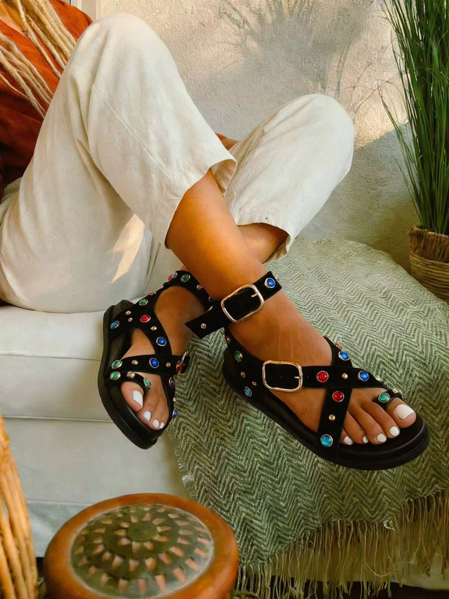 Flat Sandals For Women Casual Bohemian Retro Sandals Strappy Adjustable  Open Toe Sandals Comfortable Beach Summer Thong Studded Flip Flops